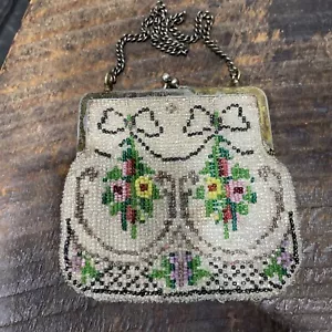 Vintage Beaded Evening Hand Bag, Purse Metal Chain Twist Kiss Lock Clasp - Picture 1 of 4
