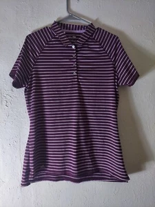 Womens Adudas Polo Button Down Short Sleeve Golf Shirts Purple Striped Pattern - Picture 1 of 5