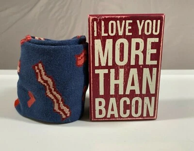 Wooden Box Sign & Socks Gift Set "Love You More Than Bacon" 5x3x2 NEW - Image 1 of 4