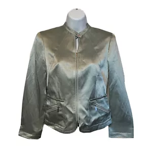 Vintage Calvin Klein Women's Sz 2 Jacket Moto Pale Sage Shimmer Silk Linen Zip - Picture 1 of 12