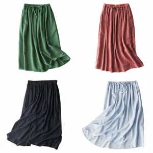 Women Girls Cotton Linen Skirt A-line High Waist Midi Ethnic Solid Loose Summer - Picture 1 of 19