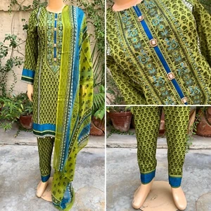 Pakistani Green Printed Straight Shirt 3-PCS Lawn Suit w/ Threadwork ,L - Picture 1 of 12