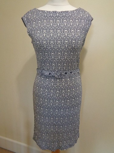 ABITO CON CINTURA TORY BURCH BLU NAVY E BIANCO STAMPA MANICA AD ALETTA TAGLIA XS