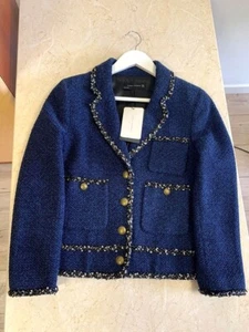A653 ZARA BLAZER NAVY BLUE TWEED FANTASY BUTTONS JACKET COAT LARGE - L - Picture 1 of 10