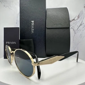 PRADA Sunglasses Round Oval Gold Metal Black Symbole Logo Gray Lens Prada New - Picture 1 of 24