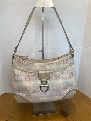 Vintage 90’s Etienne Aigner Signature Shoulder Bag Purse Beige w Pastel Logos - Image 1 of 4