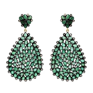 Pendientes colgantes de diamantes esmeralda con montura de bisel joyería de plata de oro de 14 k - Imagen 1 de 6