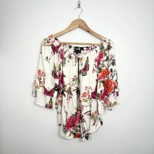 Hale Bob Floral Butterfly Print Top Size S Bell Sleeve Off Shoulder Tasseled - Picture 1 of 12