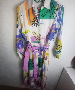 Neu mit Etikett Chicos Größe 0 Seidenmischung modern bedruckt Kragen Hemdkleid Retro-Muster NEU - Bild 1 von 7