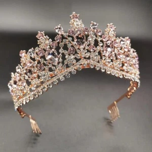 Rose Gold Tiara and Crown for Women Crystal Queen Crowns Rhinestone Pink - Picture 1 of 4