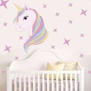 Pink Unicorn + Stars Wall Stickers Art Vinyl Kid's Room Girl's Nursery FAST UK