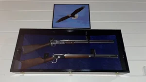 Gun Display Case Double Black & Blue Rifle Cabinet Wood Shotgun Lock Shadow Box - Picture 1 of 17