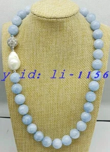 12mm Blue Aquamarine Round Gemstone Bead&White Baroque Pearl Modern Necklace 20" - Picture 1 of 1