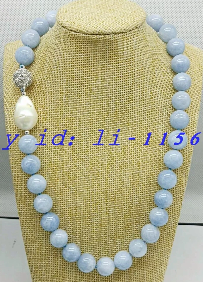Collar moderno de perlas barrocas blancas y cuentas redondas de piedras preciosas aguamarina azul de 12 mm 20" Foto 1 de 1