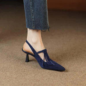 Elegant Womens Suede Leather Tassel Slingback Kitten Heel Sandals Summer Shoes - Picture 1 of 15