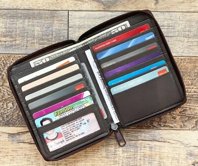 Genuine Leather Zip Around 11 Credit Card 1ID  Hipster Mens Wallet Organizer BRN - Image 1 of 4