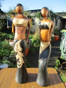 Pair of Carved Wooden Women Figures - 39cms Tall - Picture 1 of 8