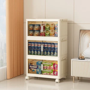3 Tiers Folding Collapsible Plastic Storage Cabinet with Magnetic Door & Wheels - Picture 1 of 22