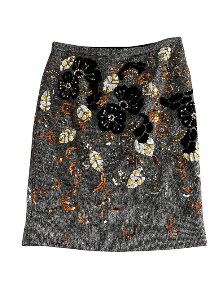 Saia lápis ECCOCI 100% lã tamanho 12 veludo bordado lantejoulas contas strass - Imagem 1 de 4