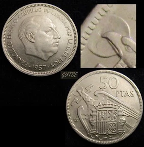 *GUTSE* FRANCO-735, 50 PESETAS 1957*60, ERROR, REPINTE, CON PLUS. - Bild 1 von 1
