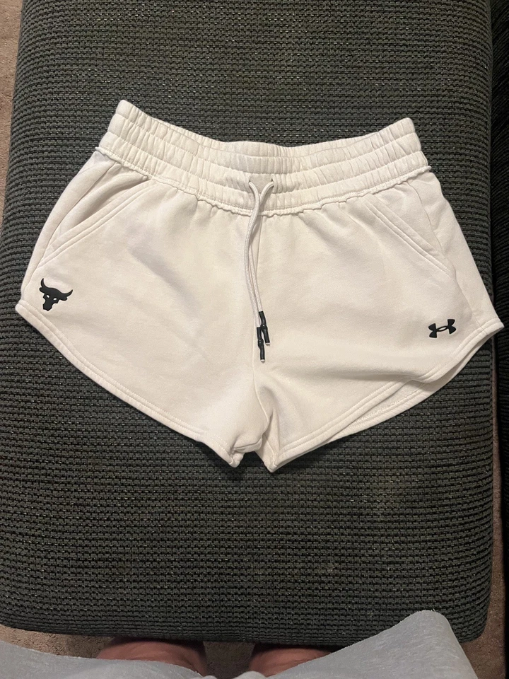 Under Armour Project Rock Fleece Shorts Womens Medium White 3 Loose Athletic - Image 1 of 1