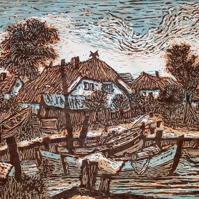 Helmut Maletzke Fischerdorf Boote Ostdeutsche Kunst sign Farblinolschnitt 20 Jhd - Bild 1 von 3