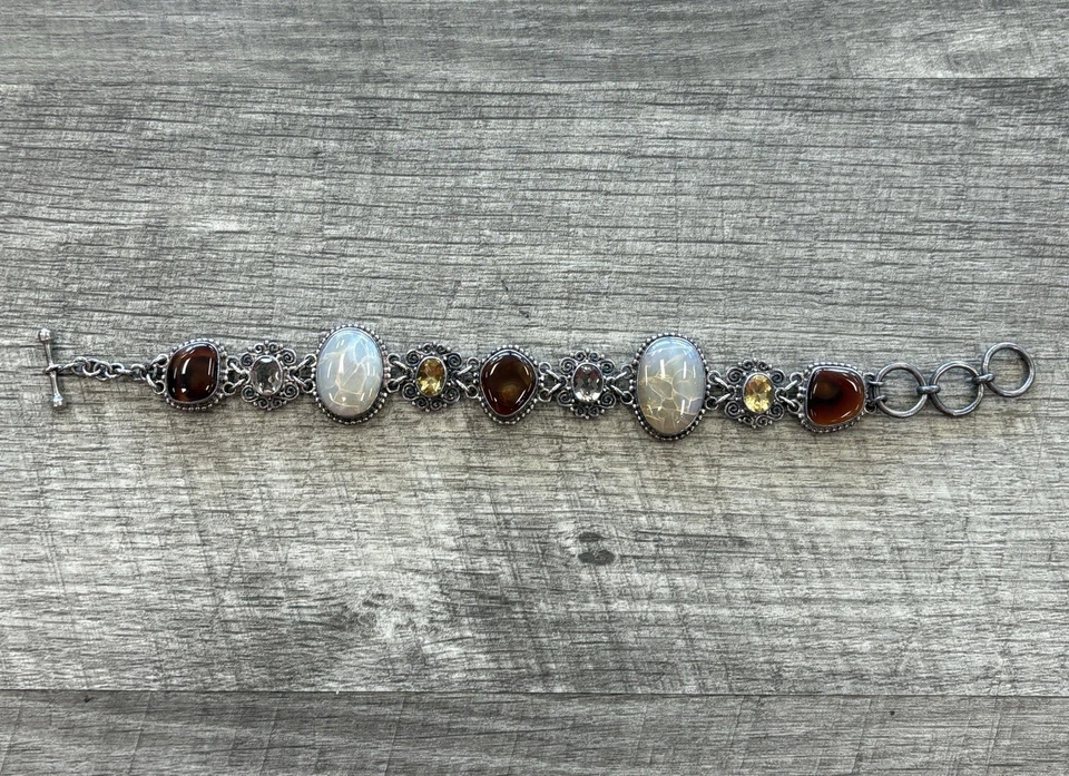 Brazalete Sajen de plata de ley 925 con múltiples piedras de 9 pulgadas — LEER Foto 1 de 4