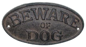 Oval Cast Iron "BEWARE OF DOG" Metal Yard Fence Sign (7" x 3⅞") Heavy Rustic Vtg - Picture 1 of 8