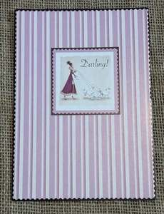 Woman Walking Poodles Pink Striped Birthday Card Glam Glamorous Fun Playful - Picture 1 of 5