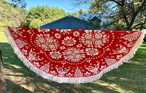 Jacquard Red White Round Table Cloth Fringe Boho Federal Eagle Laurel Leaf Bldg - Picture 1 of 15