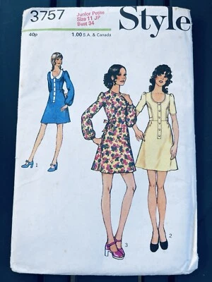 Vintage 1972 Style 3757 Junior Petite Dress 34” Bust UNCUT - Image 1 of 2
