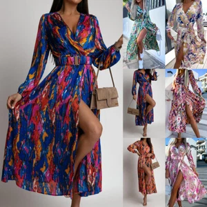 US Womens V-Neck Long Sleeve Midi Dress Ladies Party Cocktail Evening Ball Gown - Picture 1 of 26