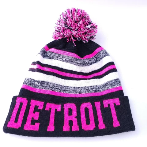 Womens DetroitKnit Beanie Ball Hat Cap Headwear Black Pink White Fast Shipping Cover