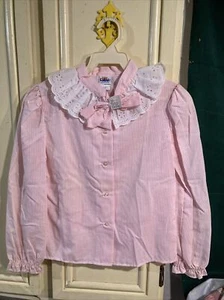 Vintage Girls Hit Label Pink~White Striped Blouse~Eyelet Collar~Bow~Size 10-New - Picture 1 of 3