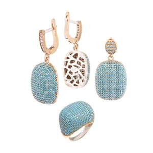 Stunning Turkish Handmade Jewelry Round Turquoise Zircon 925 Sterling Silver Set - Picture 1 of 10