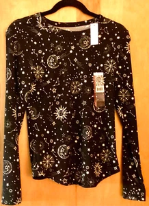 Celestial schwarzes Stretch Langarm Ripp T-Shirt Gr. M (7-9) neu mit Etikett #200 - Bild 1 von 1