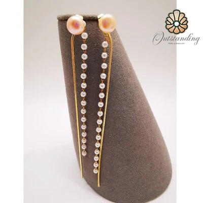 Elegantes pendientes colgantes de perlas de agua de mar de plata rellenos de oro de 9 quilates de cristal Foto 1 de 4