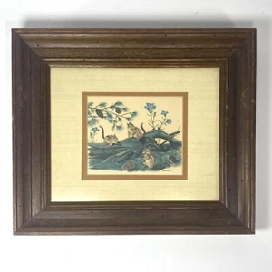 Gene Gray Chipmunks Art Print Wood Framed Linen Matte Vintage Signed 5" x 6" - Picture 1 of 16