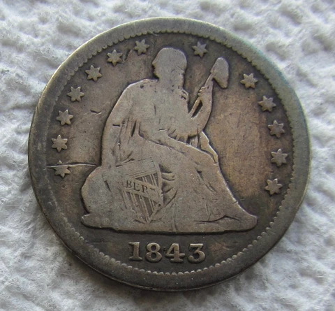 1843-O Seated Liberty Quarter Rare Early Date Fine Detail Scratched Cover