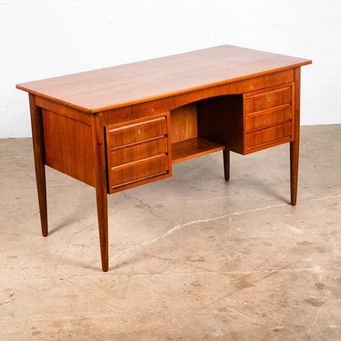 Mid Century Danish Modern Desk Executive Teak 6 Drawer Bookshelf Floating Lock Cover