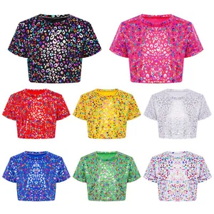 Child Girls Shiny Metallic Jazz Hip Hop Street Dance Tops Cheerleading Costume - Picture 1 of 82