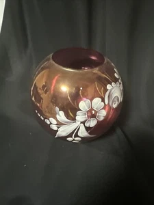 Bohemian Czech Hand Painted Cranberry Glass Rose Bowl Vintage 6" tall - Picture 1 of 8