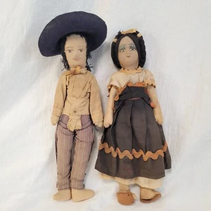Old VTG Felt Cloth Hand Painted Face Mexican Couple Mexico Man Woman Dolls 12" - Picture 1 of 14