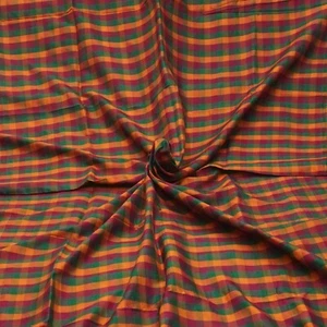 Vintage Multicolor 100%Pure Silk Checks Sari Remnant 4YD Craft Fabric Silk Scrap - Picture 1 of 4