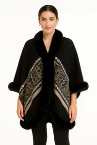 New Black Geometric Border Faux Fur Trim Cape One Size fits Most - Picture 1 of 3