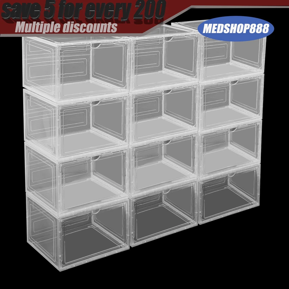 12PCS Shoe Storage Boxes Clear Stackable Shoe Organizer Container Clear Shoe Box - Image 1 of 4