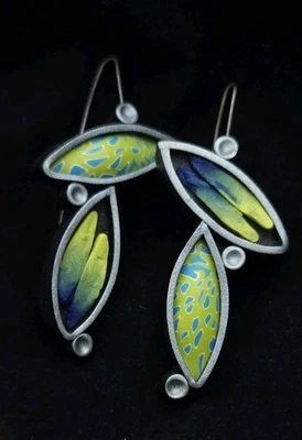 Silver Green Blue Black  Rubber Memphis Modern Pop Art  Style Earrings - Image 1 of 2