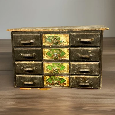PRIMITIVE Handmade Wood CIGAR BOX 12 Drawer Cabinet Vintage Wooden Bingo Boxes - Image 1 of 4