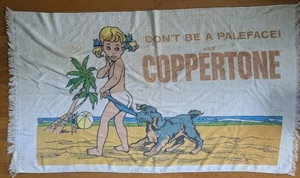 Vintage Coppertone Beach Towel Don't Be A Paleface Towel As Is! Girl, Blue Dog - Picture 1 of 2