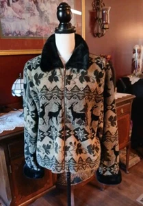 Barrage Authentic Faux Fur Collar & Cuff Full Zip Deer Print Women’s L Jacket - Picture 1 of 10
